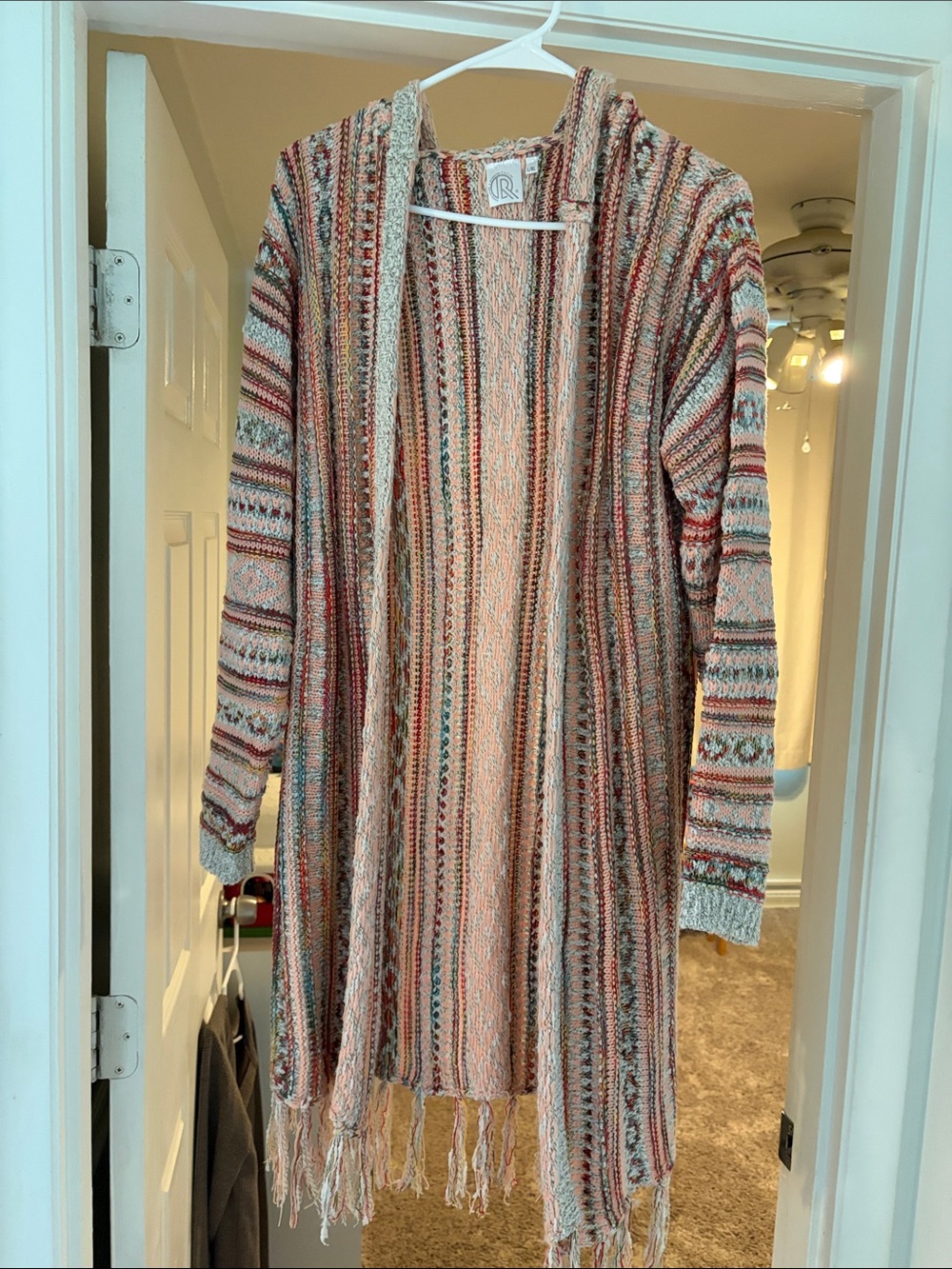 Striped Hooded Fringe Cardigan in Multicolor (Unknown Brand)